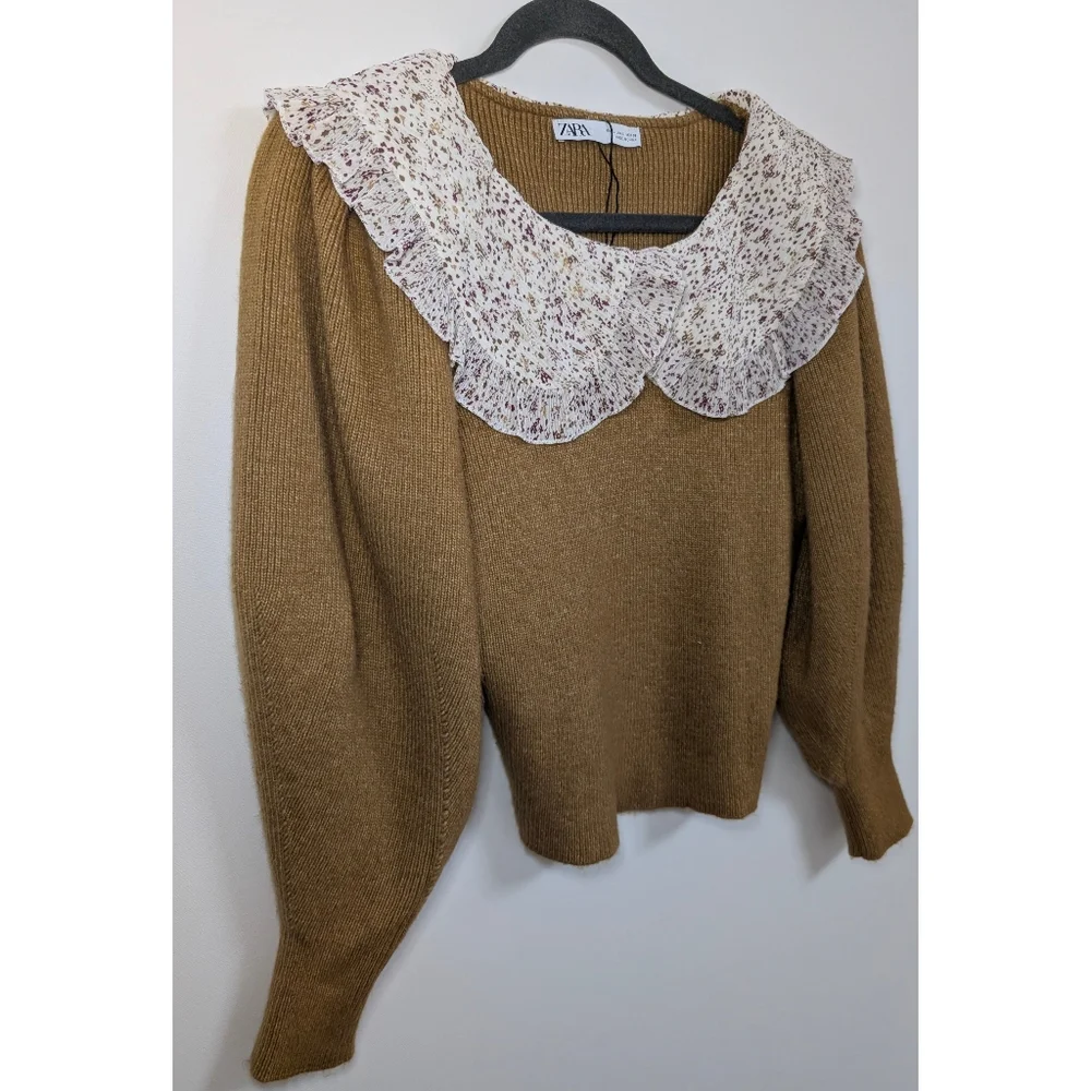 ZARA Tobacco Brown knit sweater with contrasting print ruffle collar Size L - Picture 5 of 12